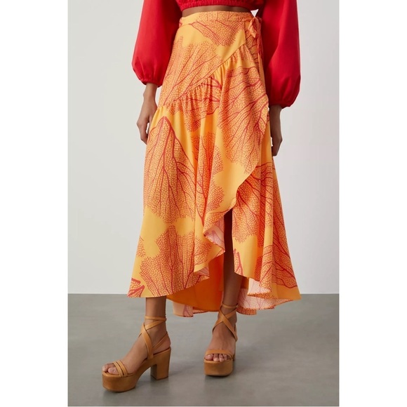 ANTHROPOLOGIE Hutch Leaf Printed Ruffle High Low Wrap Maxi Skirt Orange L NWT - Picture 7 of 9